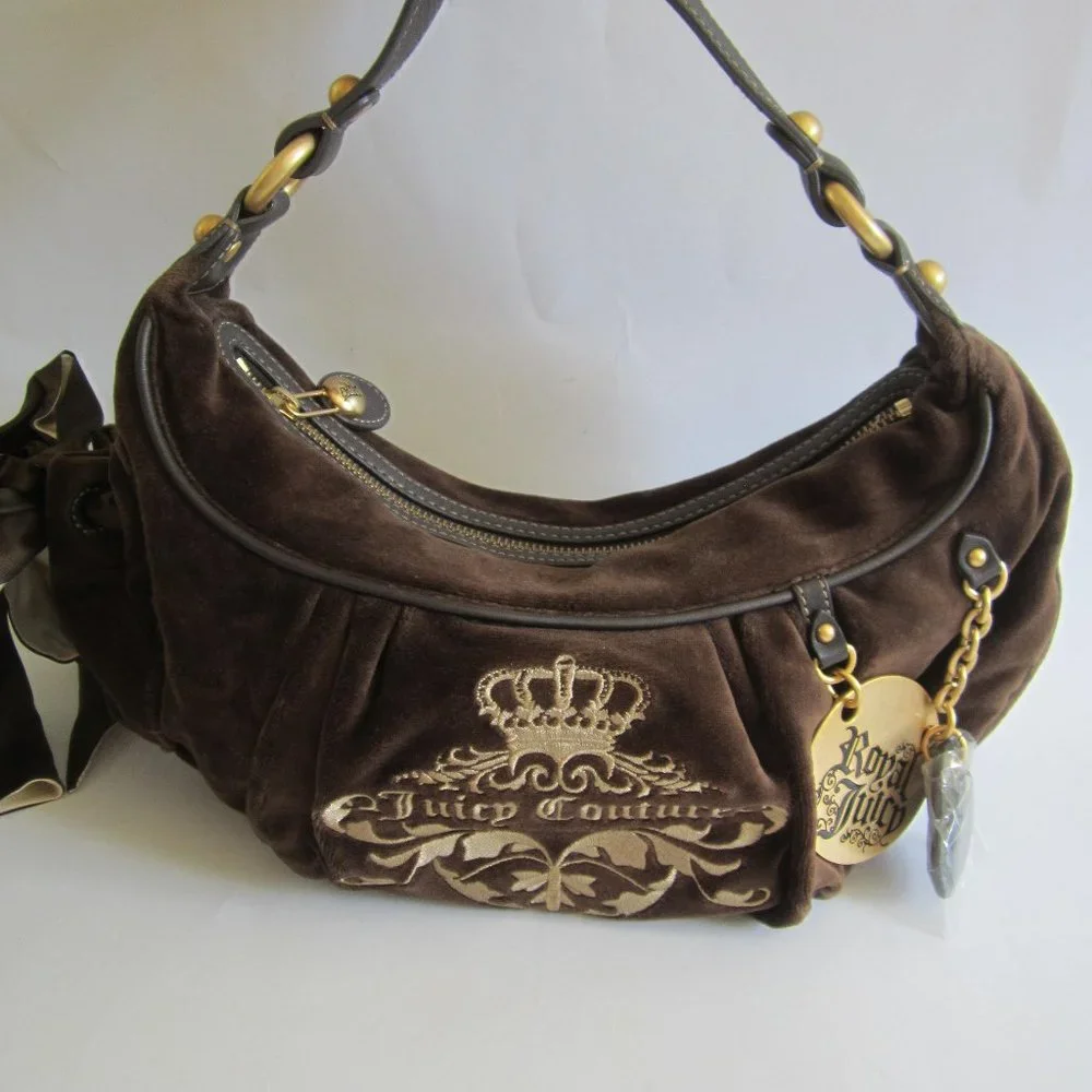 Juicy Couture Crown Brown Velvet Shoulder Hobo Bag - Picture 1 of 12
